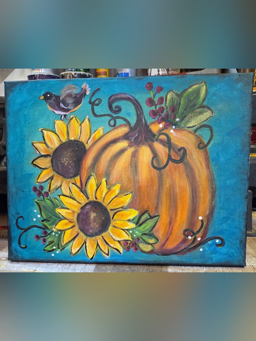 Hand-Painted Pumpkin & Sunflowers Canvas Wall Art - Blue Background
